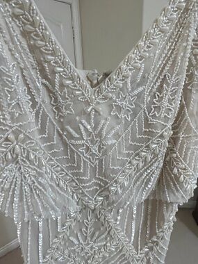 Adrianna Papell Ivory Beaded V-Neck Evening Dress